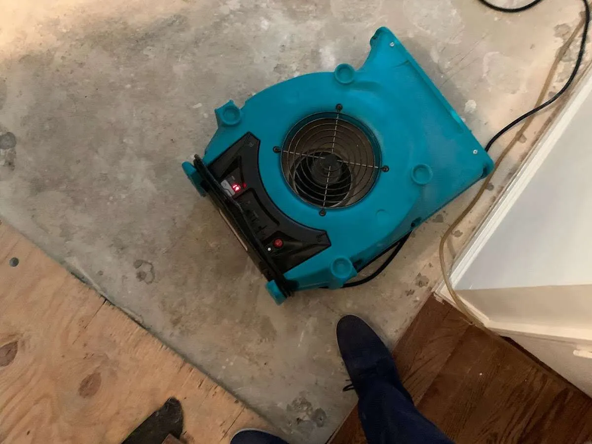 Air mover drying subfloor during Commercial Water Damage Restoration in Cusseta-Chattahoochee County
